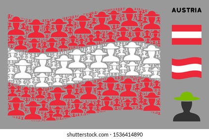 Waving Austria flag. Vector farmer person icons are combined into mosaic Austria flag collage. Patriotic collage designed of flat farmer person icons.
