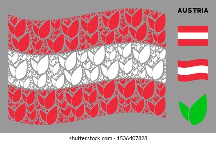 Waving Austria flag. Vector floral sprout elements are grouped into mosaic Austria flag illustration. Patriotic illustration done of flat floral sprout elements.