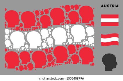 Waving Austria flag. Vector human head elements are placed into geometric Austria flag composition. Patriotic composition composed of flat human head elements.