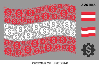 Waving Austria flag. Vector industrial capital pictograms are organized into conceptual Austria flag collage. Patriotic concept organized of flat industrial capital icons.