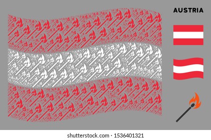 Waving Austria flag. Vector match fire elements are formed into conceptual Austrian flag illustration. Patriotic concept done of flat match fire elements.