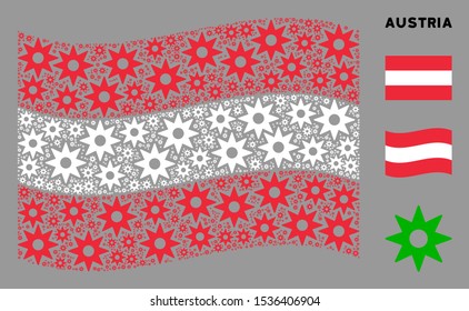 Waving Austria flag. Vector new star elements are placed into geometric Austria flag composition. Patriotic composition created of flat new star design elements.