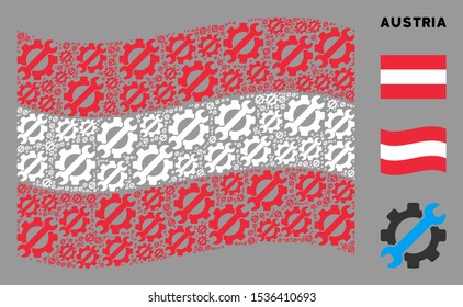 Waving Austria flag. Vector service tools design elements are organized into mosaic Austria flag collage. Patriotic collage combined of flat service tools design elements.