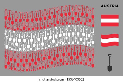 Waving Austria flag. Vector shovel elements are combined into mosaic Austria flag composition. Patriotic composition created of flat shovel design elements.