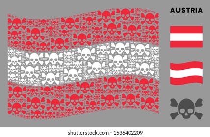 Waving Austria flag. Vector skull crossbones design elements are placed into mosaic Austrian flag collage. Patriotic collage combined of flat skull crossbones design elements.