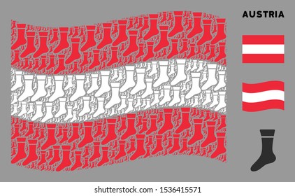 Waving Austria flag. Vector sock icons are organized into mosaic Austria flag composition. Patriotic collage organized of flat sock icons.