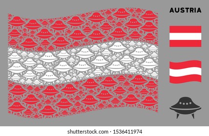 Waving Austria flag. Vector space ship icons are organized into geometric Austria flag illustration. Patriotic illustration composed of flat space ship icons.