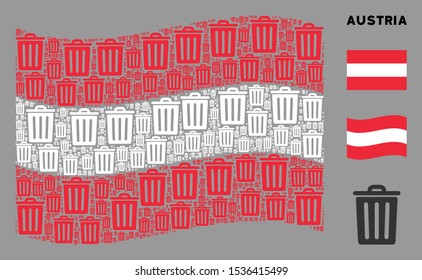 Waving Austria flag. Vector trash bin elements are placed into geometric Austrian flag composition. Patriotic composition created of flat trash bin elements.