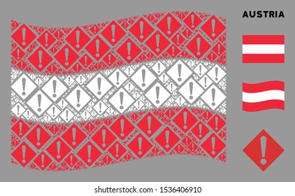 Waving Austria flag. Vector warning design elements are scattered into mosaic Austria flag abstraction. Patriotic illustration created of flat warning design elements.