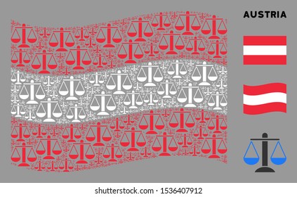 Waving Austria flag. Vector weight scales design elements are arranged into mosaic Austrian flag illustration. Patriotic illustration composed of flat weight scales design elements.