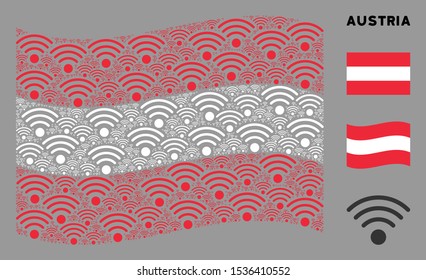 Waving Austria flag. Vector Wi-Fi source icons are scattered into geometric Austria flag illustration. Patriotic illustration composed of flat Wi-Fi source icons.