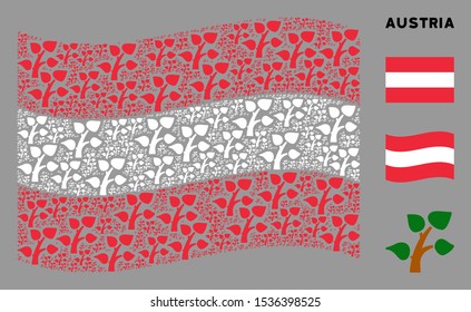 Waving Austria official flag. Vector plant tree pictograms are united into conceptual Austria flag collage. Patriotic collage composed of flat plant tree elements.