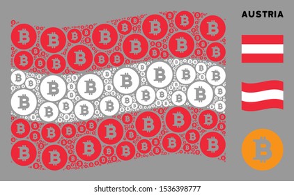 Waving Austria official flag. Vector Bitcoin coin pictograms are united into mosaic Austria flag composition. Patriotic composition constructed of flat Bitcoin coin pictograms.