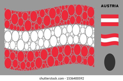 Waving Austria official flag. Vector filled ellipse elements are placed into mosaic Austria flag collage. Patriotic collage organized of flat filled ellipse elements.