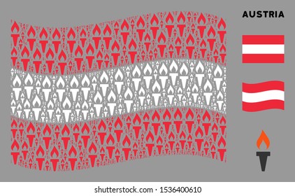 Waving Austria official flag. Vector fire torch design elements are combined into mosaic Austria flag illustration. Patriotic collage combined of flat fire torch design elements.