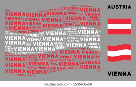 Waving Austria official flag. Vector Vienna text design elements are grouped into geometric Austria flag collage. Patriotic concept composed of flat Vienna text design elements.