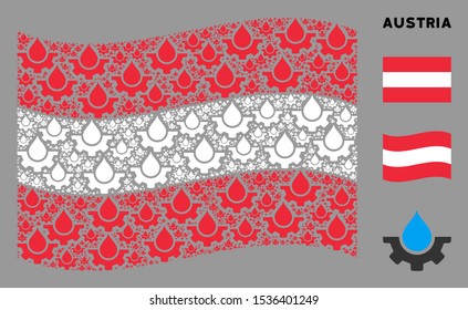 Waving Austria official flag. Vector water drop service cog design elements are organized into mosaic Austrian flag abstraction.