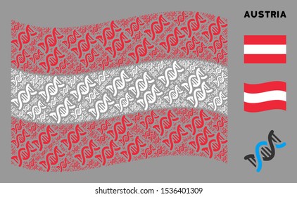 Waving Austria official flag. Vector DNA spiral items are placed into mosaic Austria flag illustration. Patriotic illustration created of flat DNA spiral design elements.