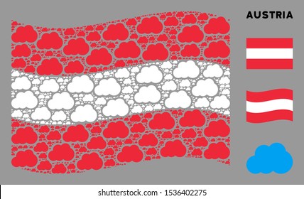 Waving Austria official flag. Vector cloud design elements are scattered into geometric Austria flag collage. Patriotic concept combined of flat cloud design elements.