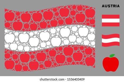 Waving Austria official flag. Vector apple elements are arranged into mosaic Austria flag collage. Patriotic collage combined of flat apple design elements.
