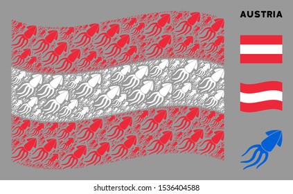Waving Austria official flag. Vector squid design elements are arranged into mosaic Austria flag composition. Patriotic composition designed of flat squid design elements.