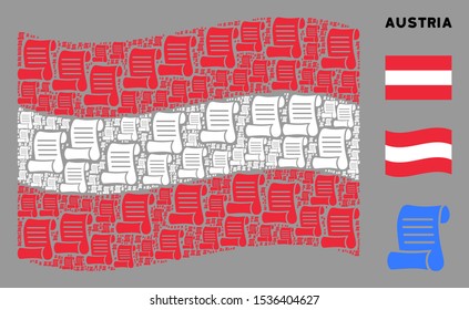 Waving Austria official flag. Vector script roll pictograms are united into mosaic Austria flag collage. Patriotic collage combined of flat script roll pictograms.
