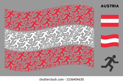 Waving Austria official flag. Vector running man elements are formed into geometric Austria flag abstraction. Patriotic composition composed of flat running man elements.