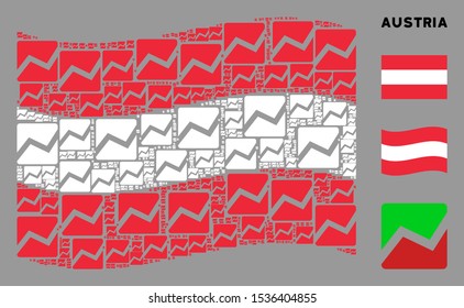 Waving Austria official flag. Vector analytics chart design elements are combined into conceptual Austria flag illustration. Patriotic collage composed of flat analytics chart elements.