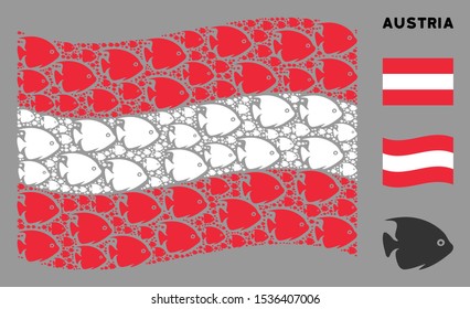 Waving Austria official flag. Vector tropical fish elements are placed into mosaic Austria flag illustration. Patriotic concept done of flat tropical fish elements.