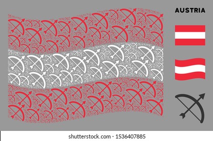 Waving Austria official flag. Vector archery bow elements are scattered into mosaic Austrian flag illustration. Patriotic illustration organized of flat archery bow elements.