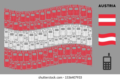 Waving Austria official flag. Vector cell phone design elements are scattered into mosaic Austria flag abstraction. Patriotic illustration organized of flat cell phone elements.