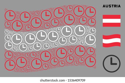 Waving Austria official flag. Vector clock elements are arranged into geometric Austria flag composition. Patriotic composition organized of flat clock elements.