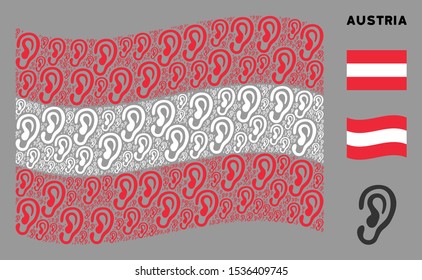 Waving Austria official flag. Vector ear elements are arranged into geometric Austrian flag illustration. Patriotic illustration constructed of flat ear design elements.