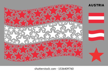 Waving Austria official flag. Vector fireworks star design elements are placed into geometric Austria flag composition. Patriotic concept designed of flat fireworks star design elements.