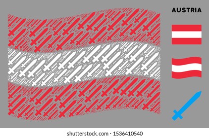 Waving Austria official flag. Vector sword icons are grouped into mosaic Austria flag illustration. Patriotic illustration composed of flat sword icons.