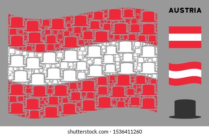 Waving Austria official flag. Vector gentleman hat design elements are organized into geometric Austria flag abstraction. Patriotic illustration designed of flat gentleman hat design elements.