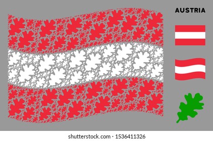 Waving Austria official flag. Vector oak leaf design elements are scattered into mosaic Austrian flag composition. Patriotic composition organized of flat oak leaf elements.