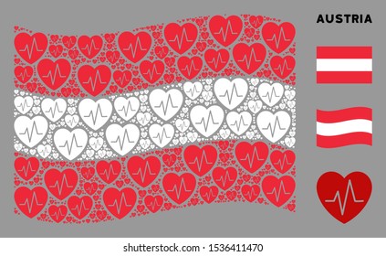 Waving Austria official flag. Vector cardiology pictograms are grouped into mosaic Austria flag collage. Patriotic concept done of flat cardiology pictograms.