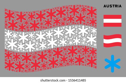 Waving Austria official flag. Vector snowflake design elements are grouped into geometric Austria flag collage. Patriotic collage done of flat snowflake design elements.