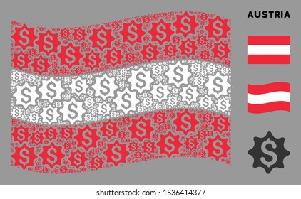 Waving Austria official flag. Vector money award design elements are combined into geometric Austrian flag collage. Patriotic collage created of flat money award design elements.