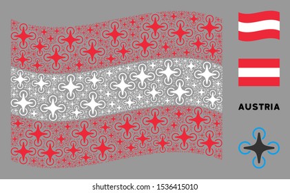 Waving Austria official flag. Vector air drone design elements are united into mosaic Austrian flag illustration. Patriotic composition composed of flat air drone design elements.
