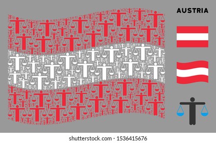 Waving Austria official flag. Vector weight comparing person elements are arranged into conceptual Austria flag illustration.