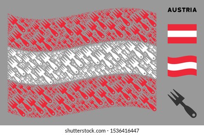 Waving Austria official flag. Vector cultivator rake elements are grouped into mosaic Austria flag illustration. Patriotic illustration constructed of flat cultivator rake elements.