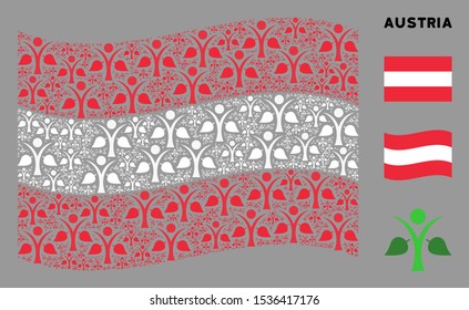 Waving Austria official flag. Vector ecology man pictograms are grouped into geometric Austria flag illustration. Patriotic illustration constructed of flat ecology man elements.