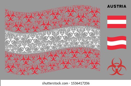Waving Austria official flag. Vector biohazard elements are grouped into mosaic Austria flag collage. Patriotic concept constructed of flat biohazard elements.