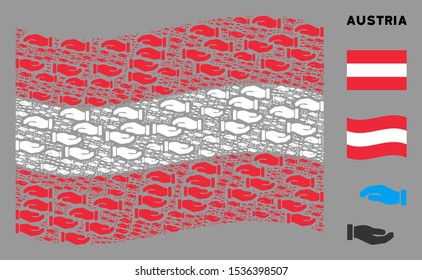 Waving Austria state flag. Vector care hands pictograms are united into mosaic Austria flag collage. Patriotic composition designed of flat care hands pictograms.