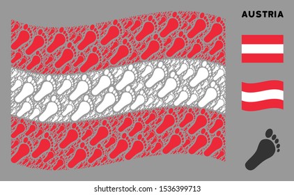 Waving Austria state flag. Vector human footprint design elements are scattered into geometric Austria flag illustration. Patriotic collage organized of flat human footprint elements.
