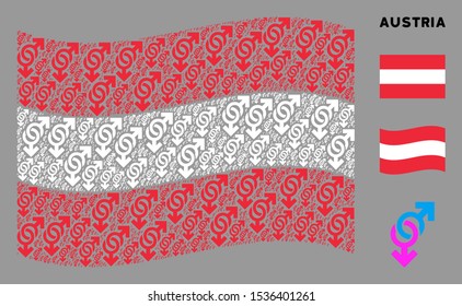 Waving Austria state flag. Vector gay symbol elements are formed into geometric Austrian flag composition. Patriotic composition combined of flat gay symbol design elements.