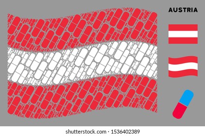 Waving Austria state flag. Vector pill elements are combined into geometric Austria flag composition. Patriotic composition constructed of flat pill elements.
