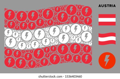 Waving Austria state flag. Vector electricity design elements are formed into geometric Austria flag collage. Patriotic composition created of flat electricity elements.